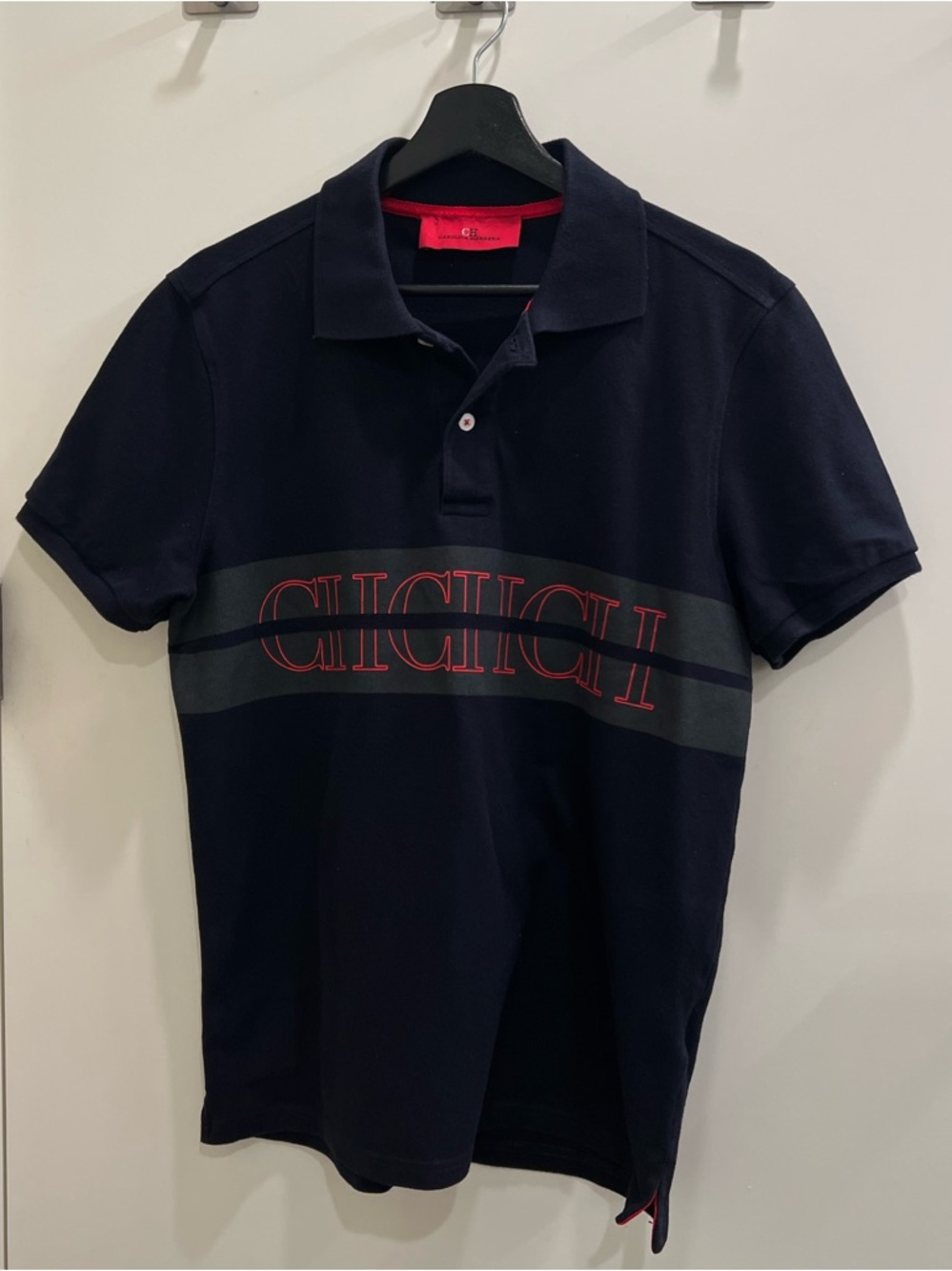 Carolina Herrera Navy Polo with Red Logo Trim